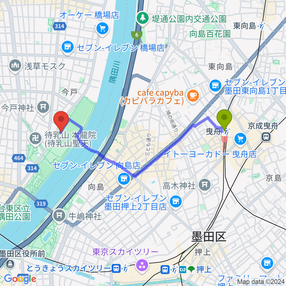 曳舟駅から台東リバーサイドスポーツセンター陸上競技場へのルートマップ地図