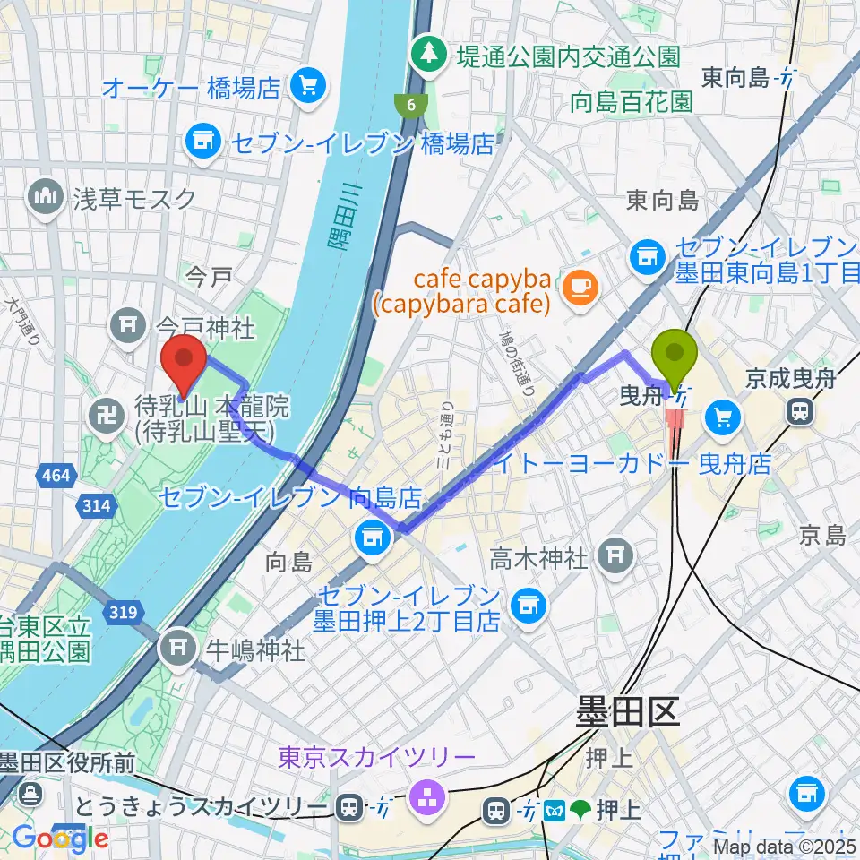 曳舟駅から台東リバーサイドスポーツセンター陸上競技場へのルートマップ地図