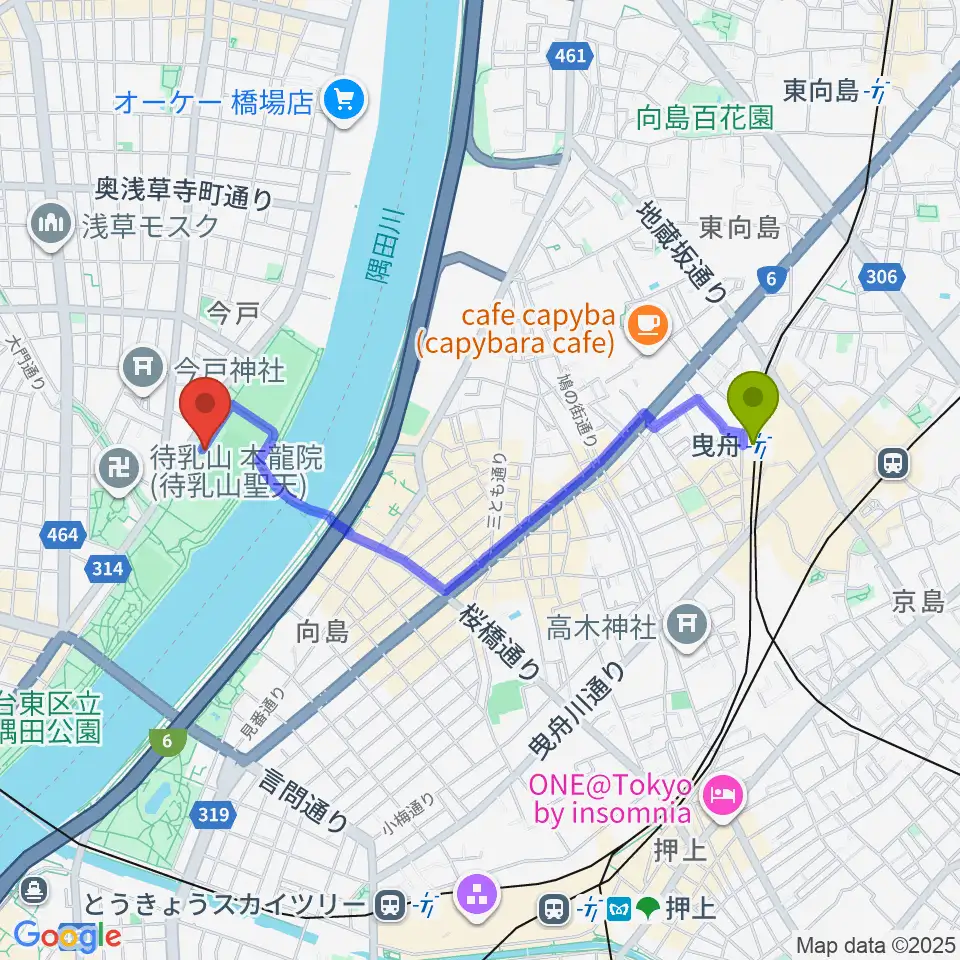 曳舟駅から台東リバーサイドスポーツセンター陸上競技場へのルートマップ地図