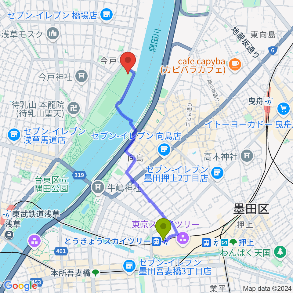 とうきょうスカイツリー駅から台東リバーサイドスポーツセンター野球場へのルートマップ地図