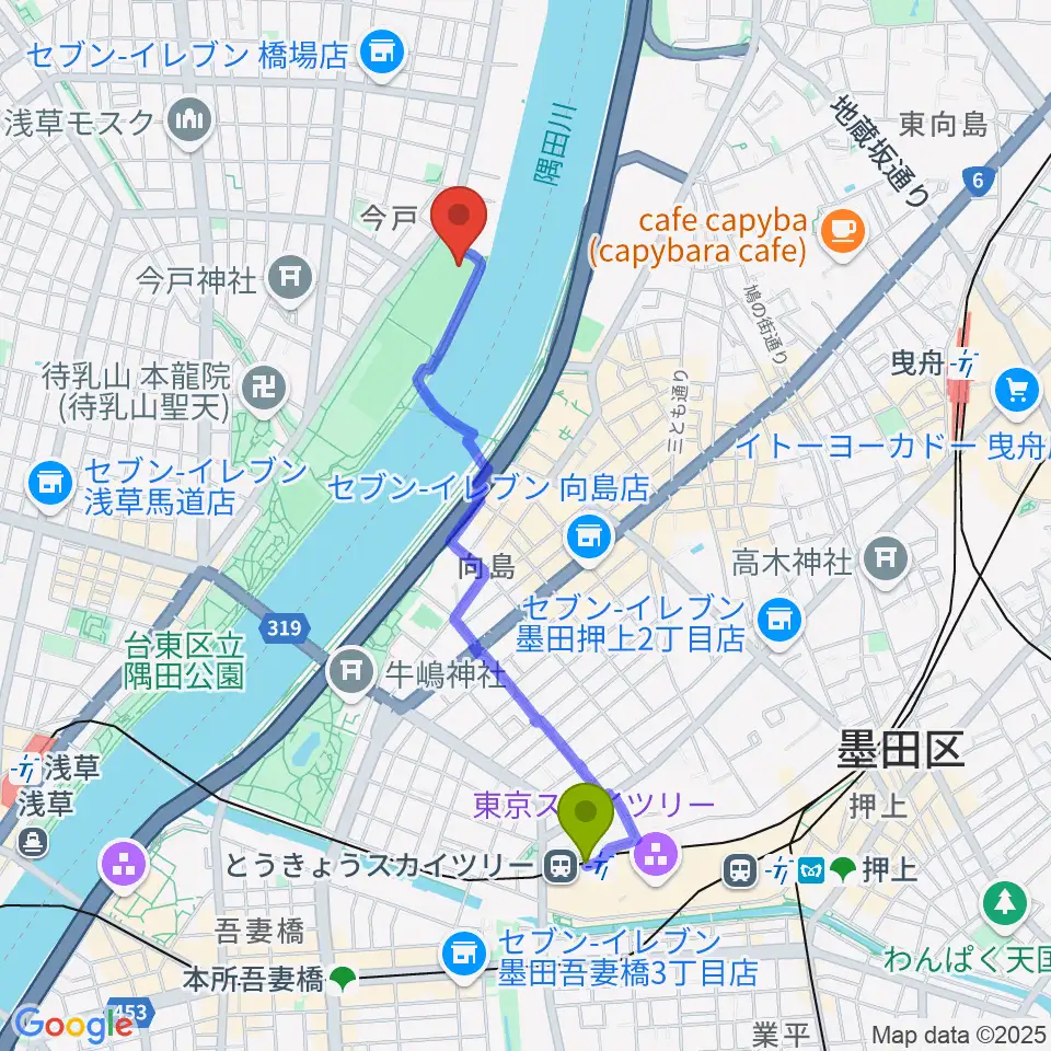 とうきょうスカイツリー駅から台東リバーサイドスポーツセンター野球場へのルートマップ地図