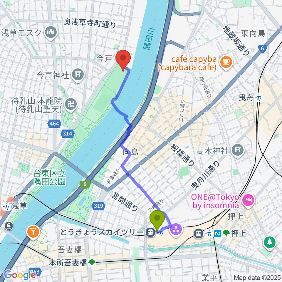 とうきょうスカイツリー駅から台東リバーサイドスポーツセンター野球場へのルートマップ地図