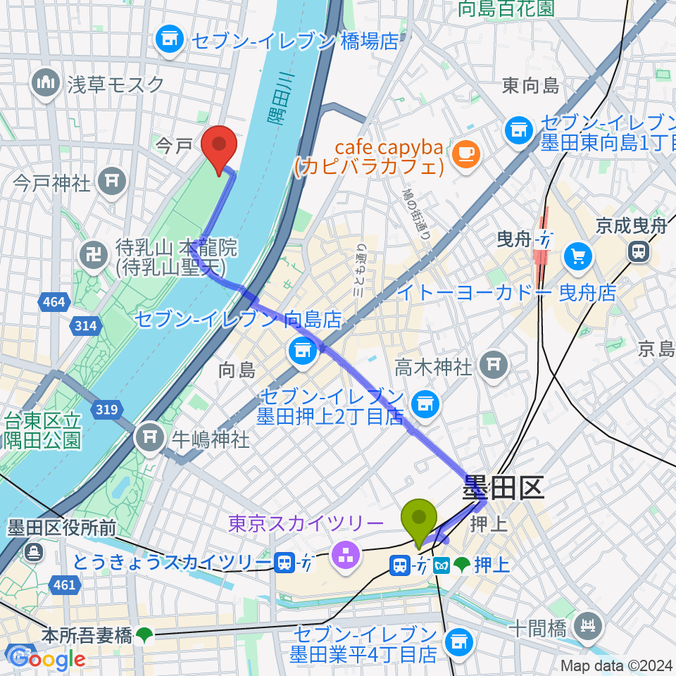 押上〈スカイツリー前〉駅から台東リバーサイドスポーツセンター野球場へのルートマップ地図