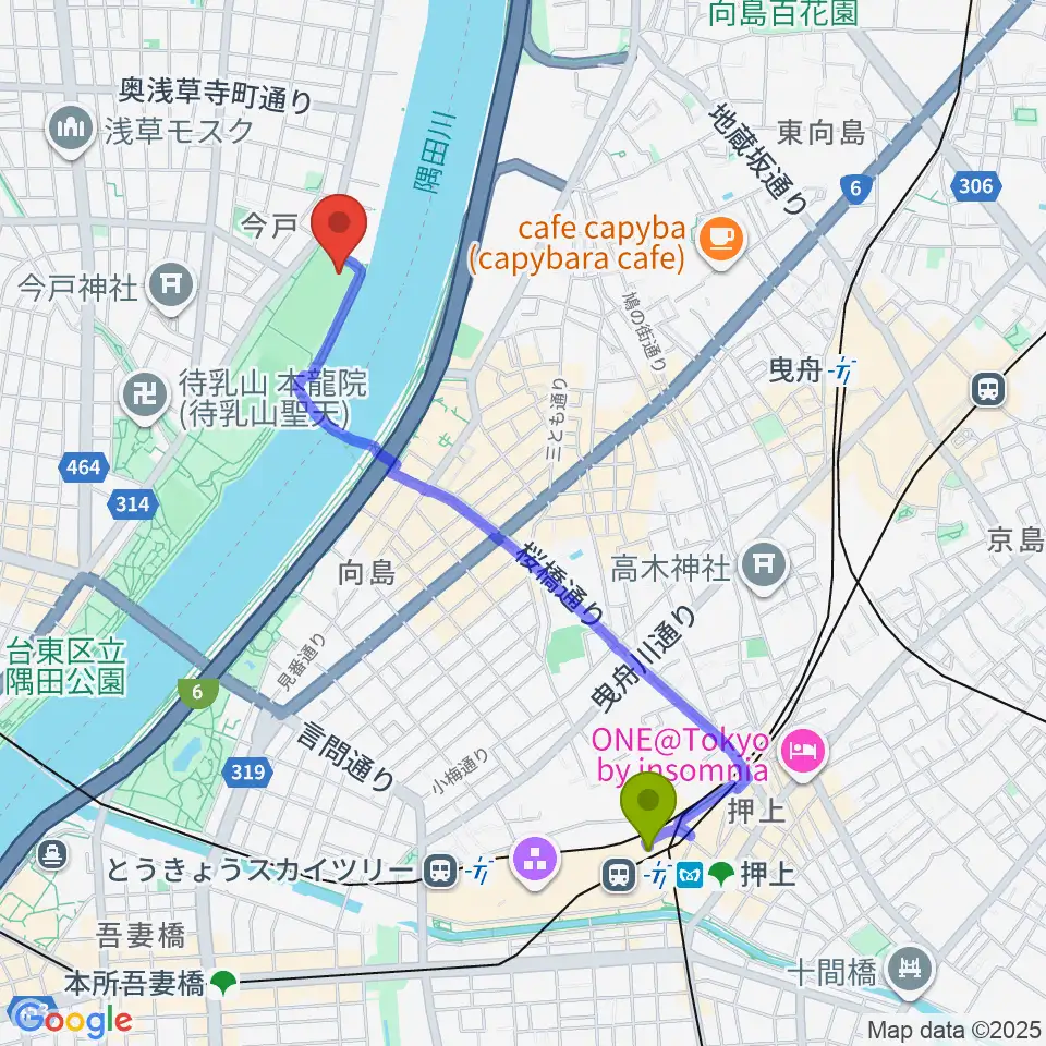 押上〈スカイツリー前〉駅から台東リバーサイドスポーツセンター野球場へのルートマップ地図