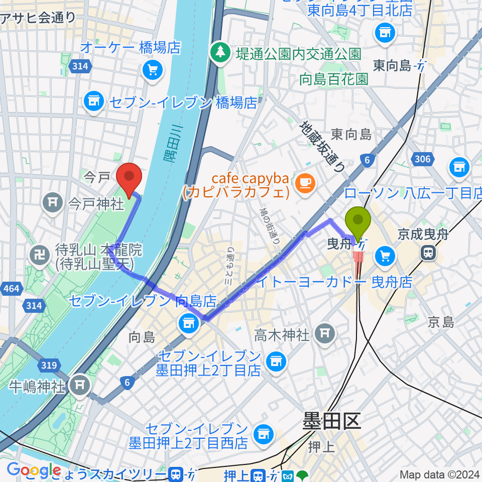 台東リバーサイドスポーツセンター野球場の最寄駅曳舟駅からの徒歩ルート（約15分）地図