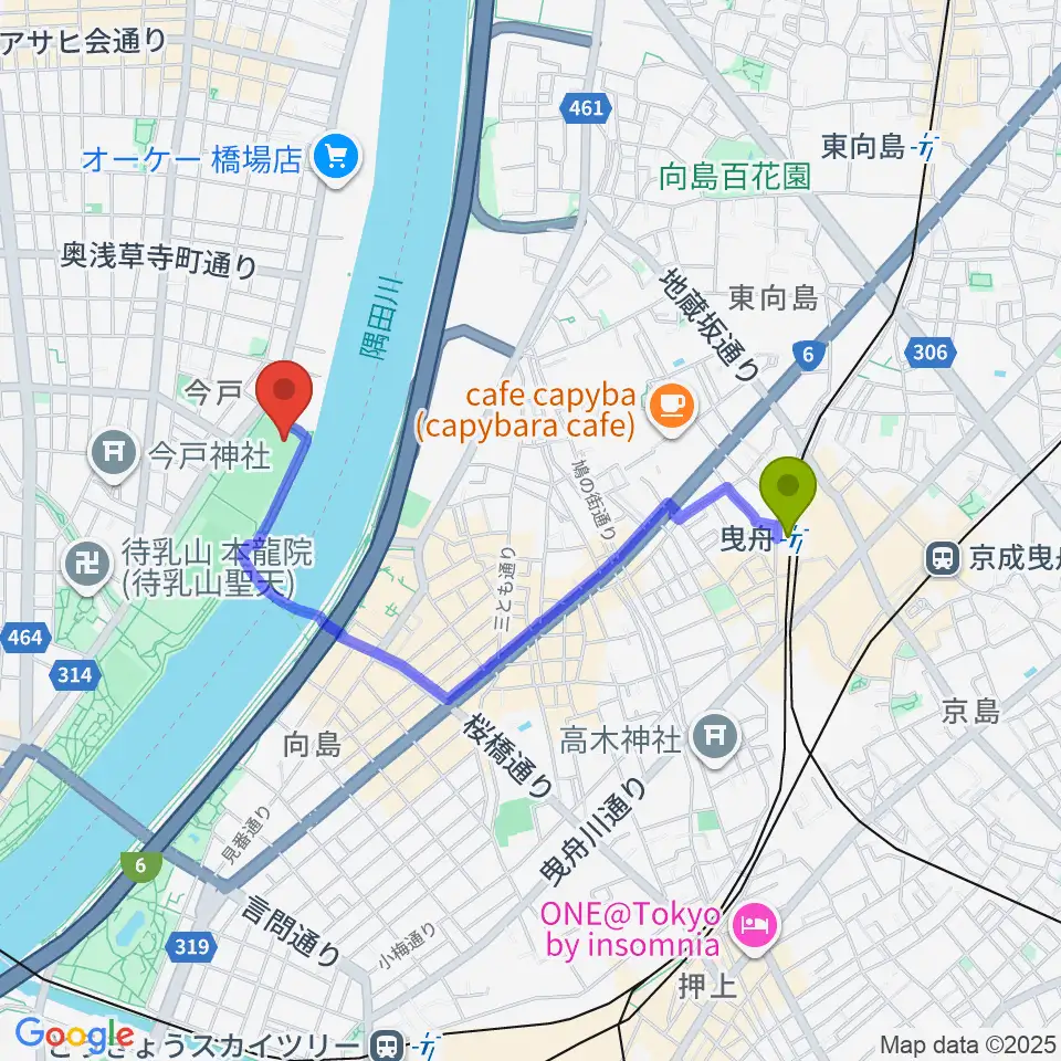 台東リバーサイドスポーツセンター野球場の最寄駅曳舟駅からの徒歩ルート（約15分）地図