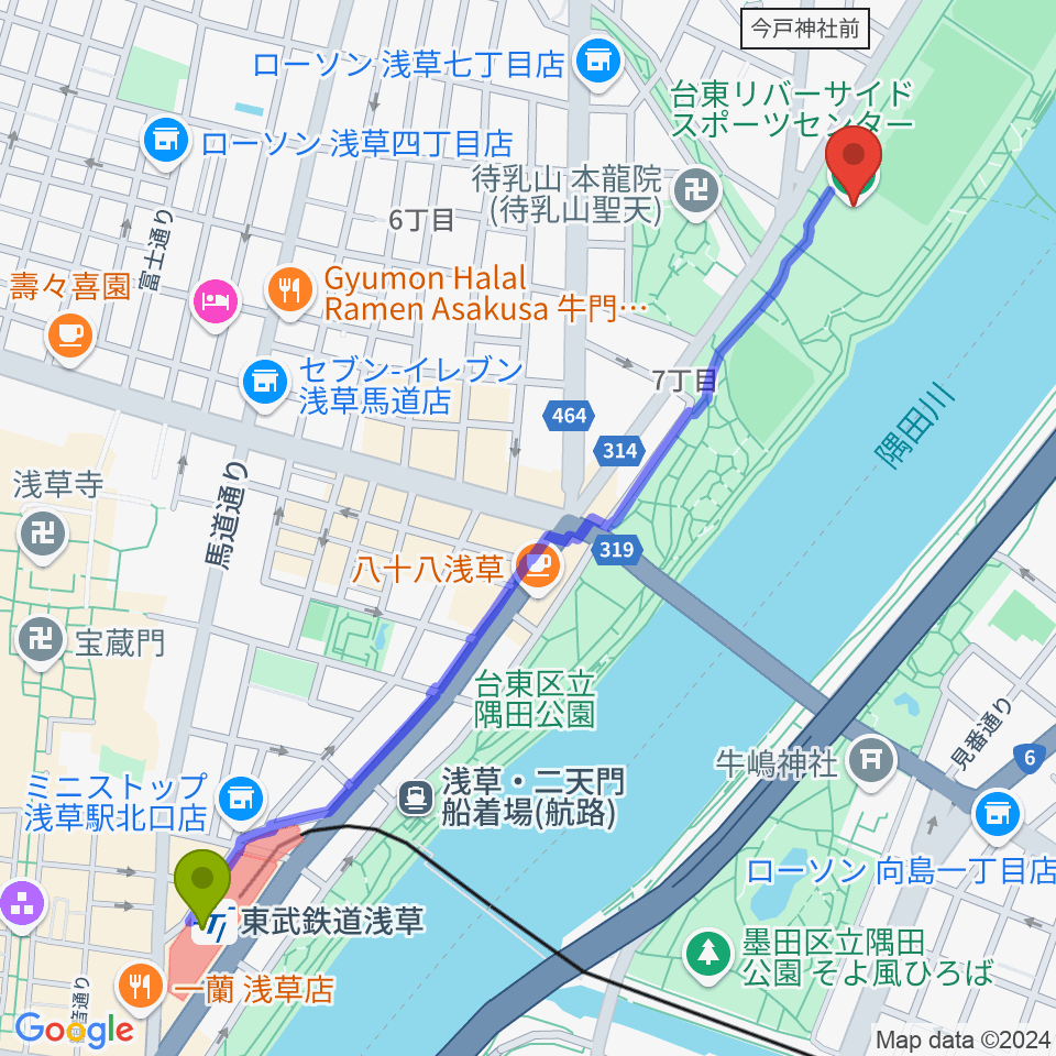 台東リバーサイドスポーツセンター体育館の最寄駅浅草駅からの徒歩ルート（約14分）地図