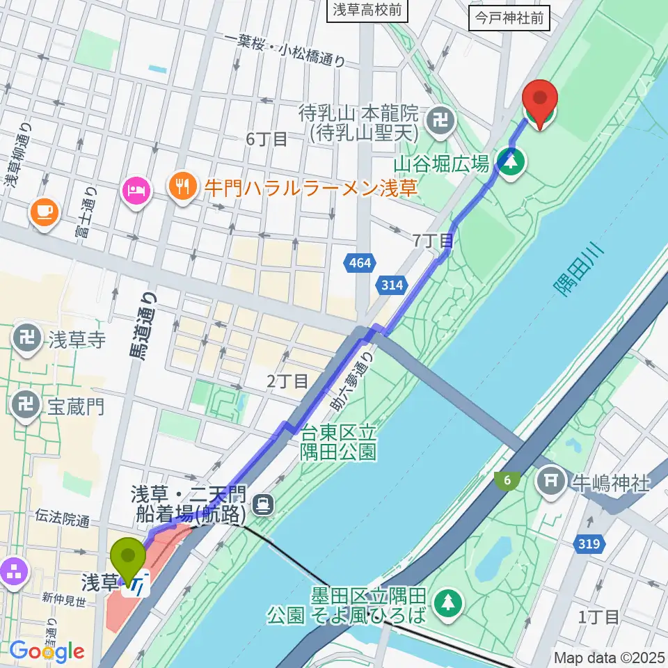 台東リバーサイドスポーツセンター体育館の最寄駅浅草駅からの徒歩ルート（約14分）地図