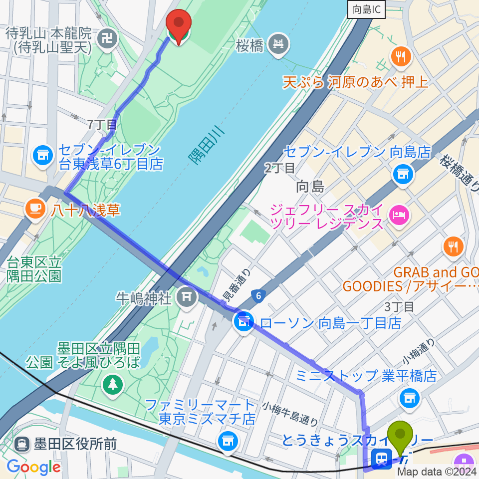 とうきょうスカイツリー駅から台東リバーサイドスポーツセンター体育館へのルートマップ地図