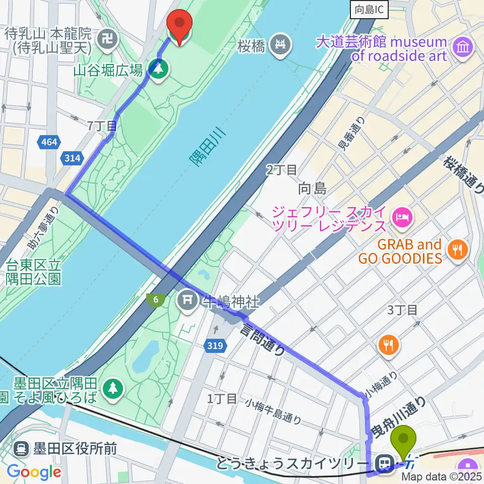 とうきょうスカイツリー駅から台東リバーサイドスポーツセンター体育館へのルートマップ地図