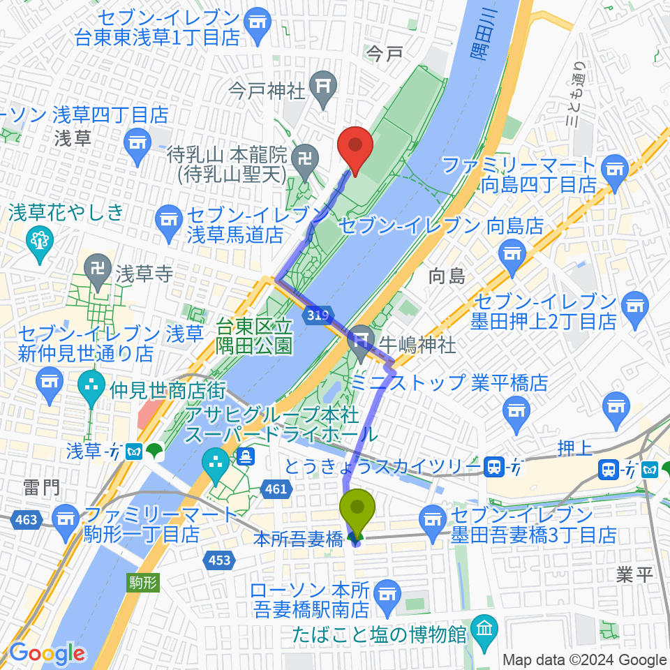 本所吾妻橋駅から台東リバーサイドスポーツセンター体育館へのルートマップ地図