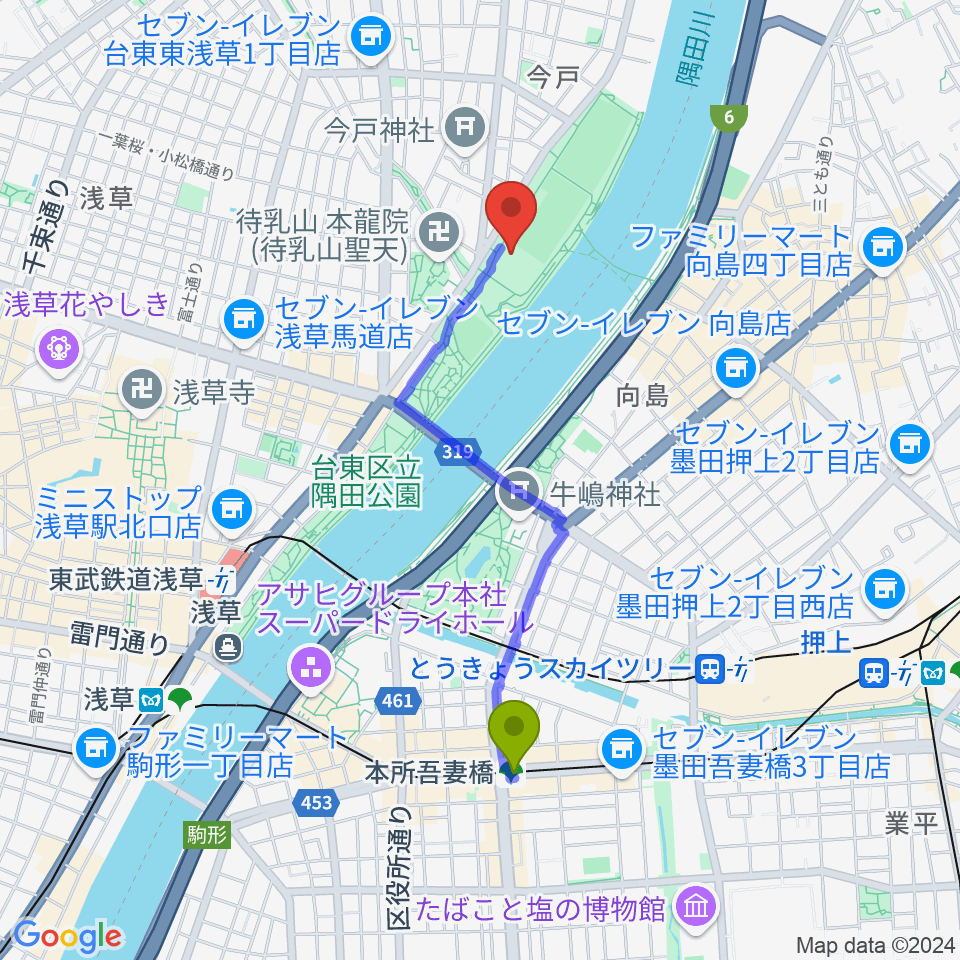 本所吾妻橋駅から台東リバーサイドスポーツセンター体育館へのルートマップ地図