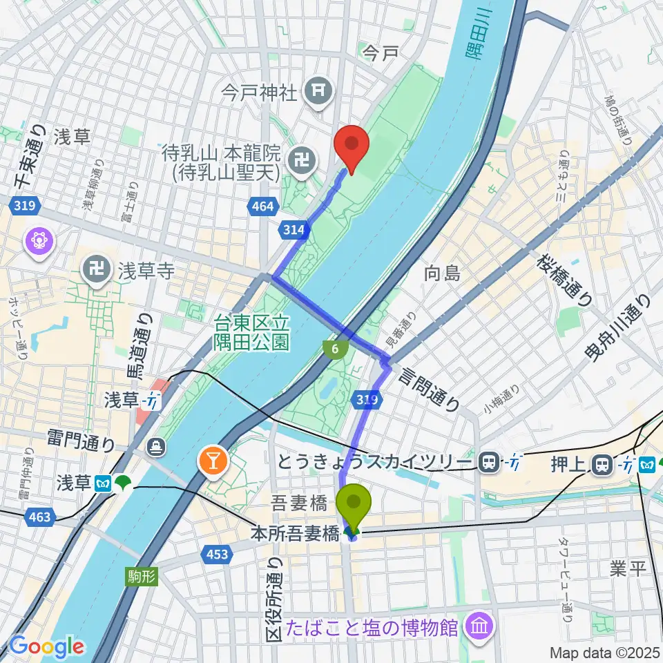 本所吾妻橋駅から台東リバーサイドスポーツセンター体育館へのルートマップ地図