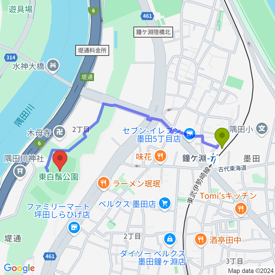 東白鬚公園小野球場の最寄駅鐘ヶ淵駅からの徒歩ルート（約9分）地図