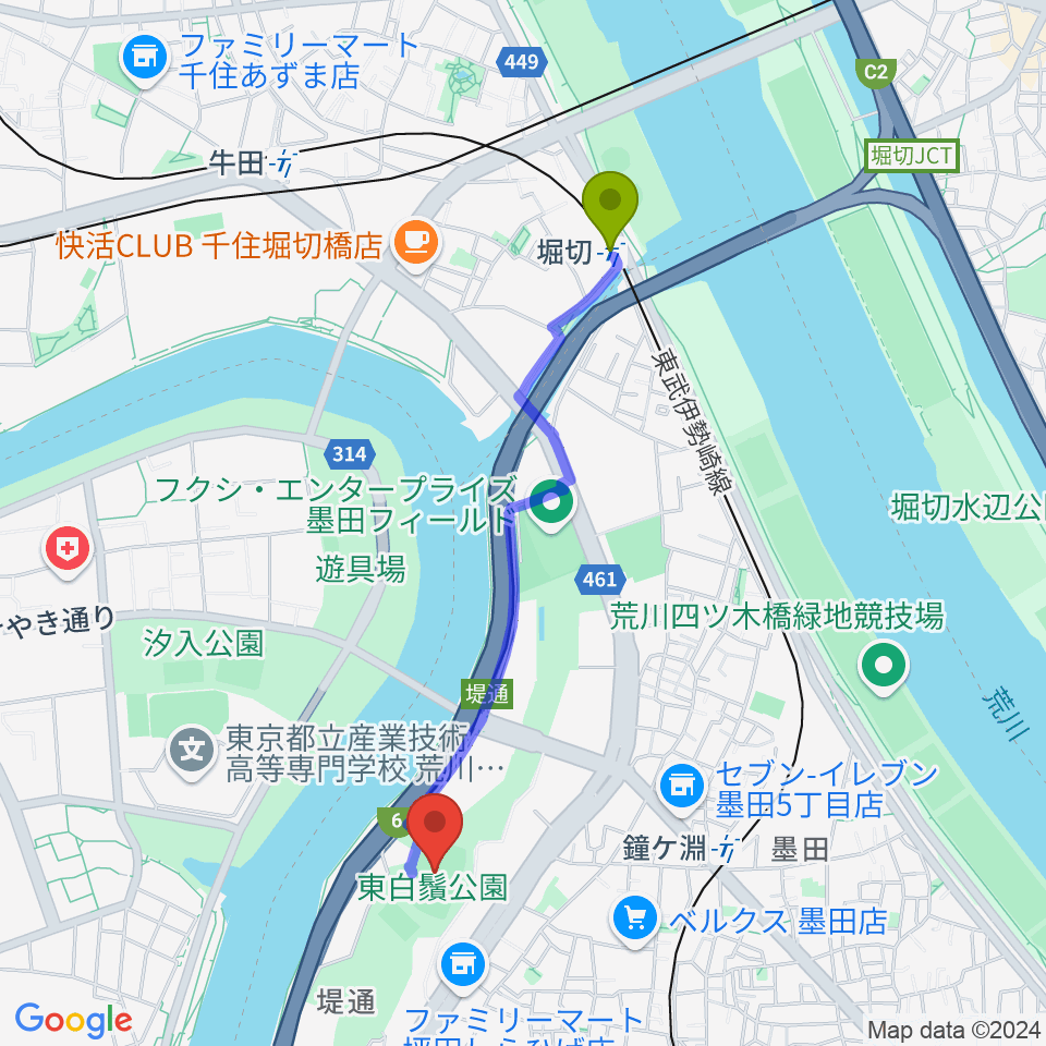 堀切駅から東白鬚公園小野球場へのルートマップ地図