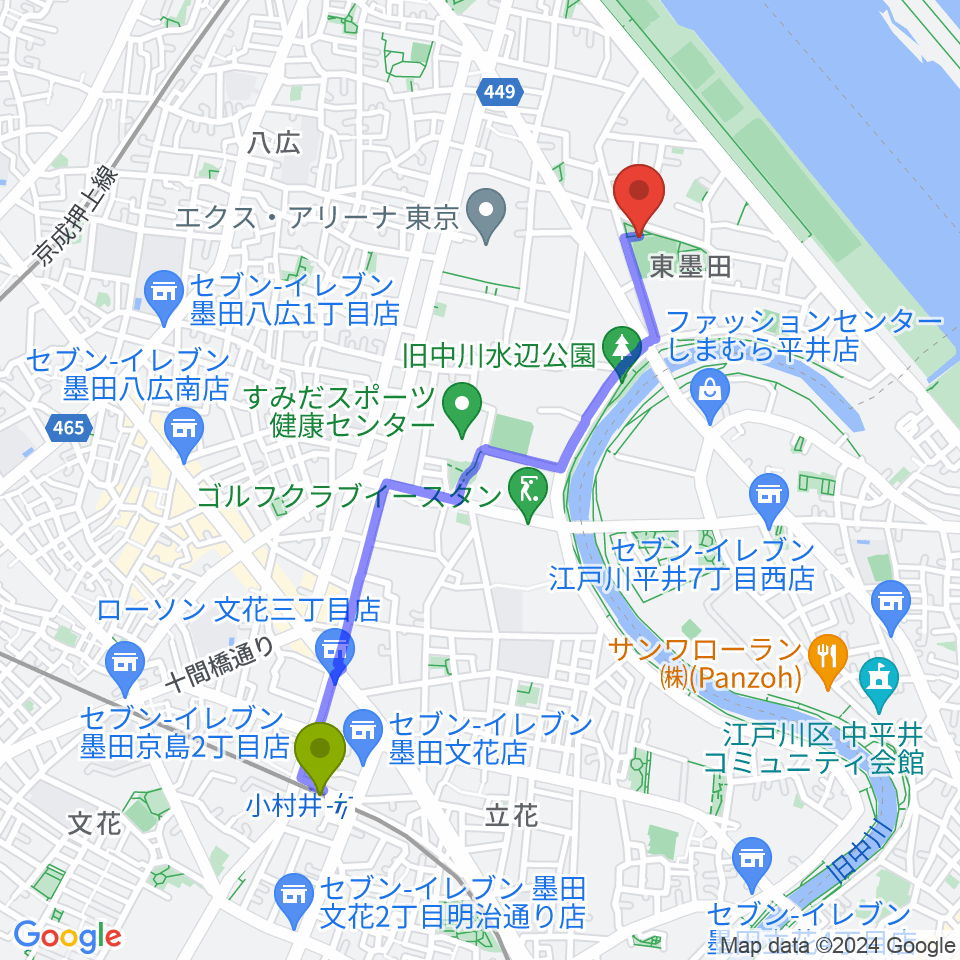 小村井駅から東墨田公園少年野球場へのルートマップ地図