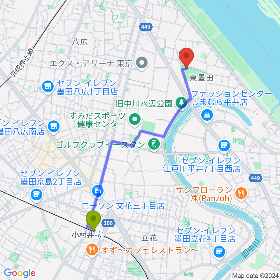 小村井駅から東墨田公園少年野球場へのルートマップ地図