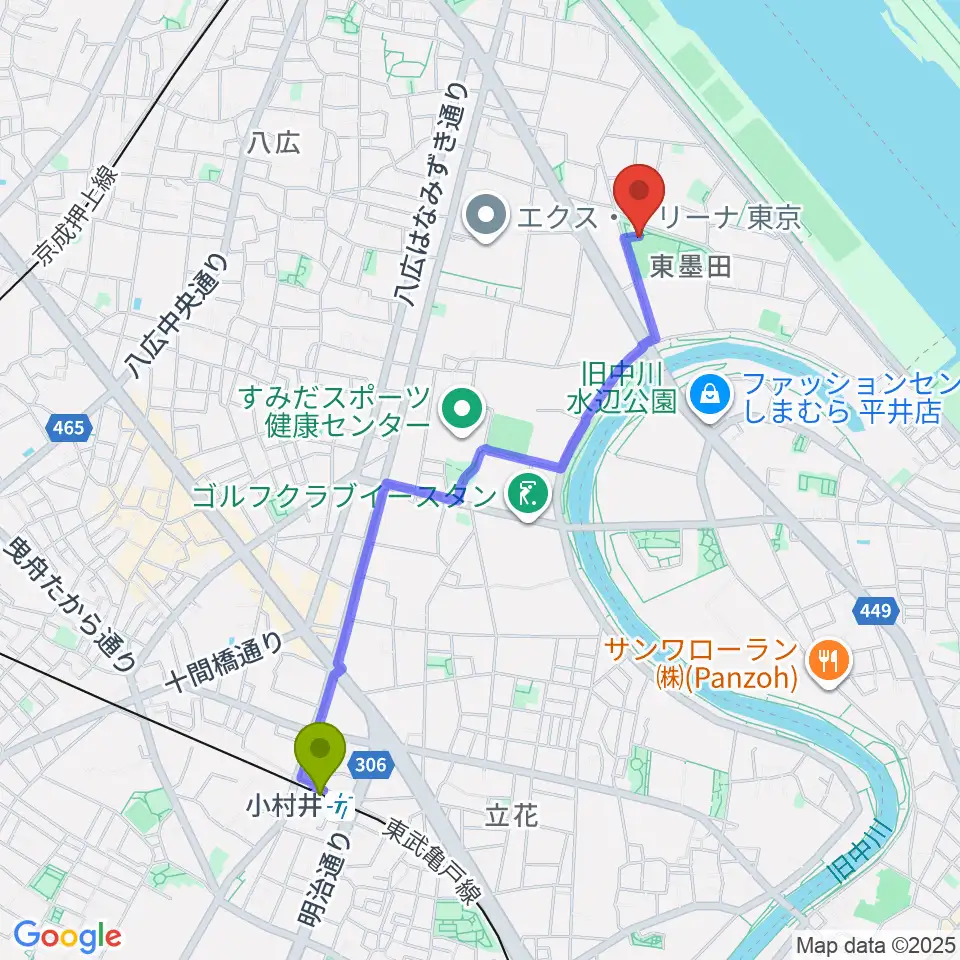 小村井駅から東墨田公園少年野球場へのルートマップ地図