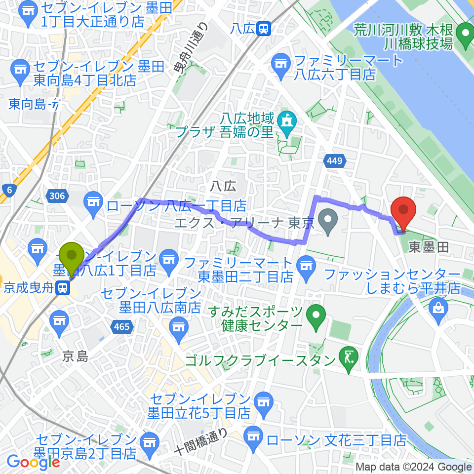京成曳舟駅から東墨田公園少年野球場へのルートマップ地図