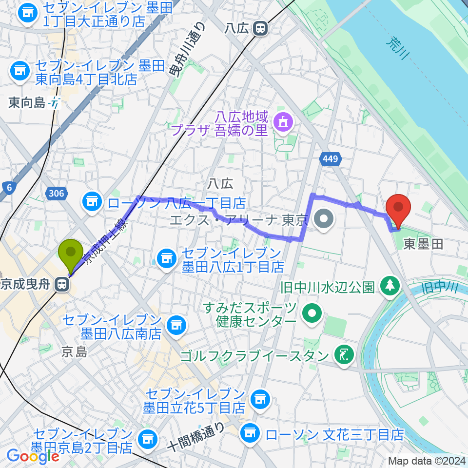 京成曳舟駅から東墨田公園少年野球場へのルートマップ地図