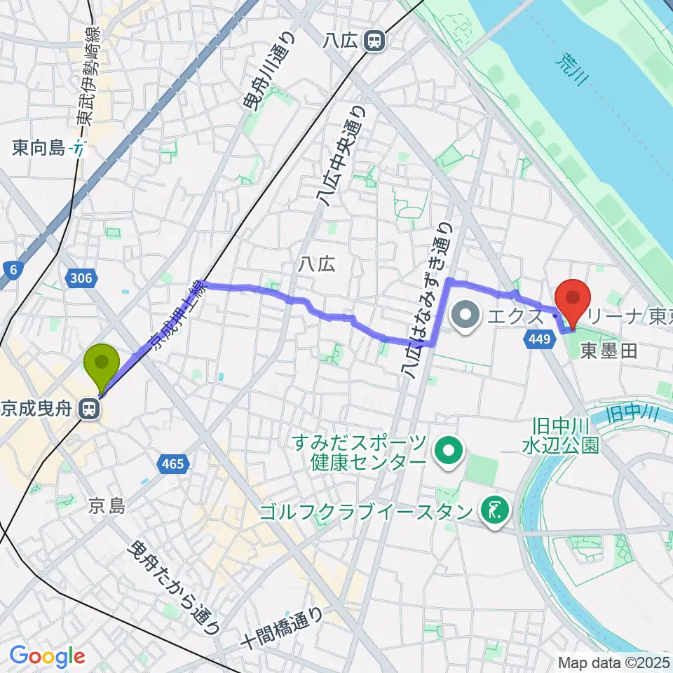 京成曳舟駅から東墨田公園少年野球場へのルートマップ地図