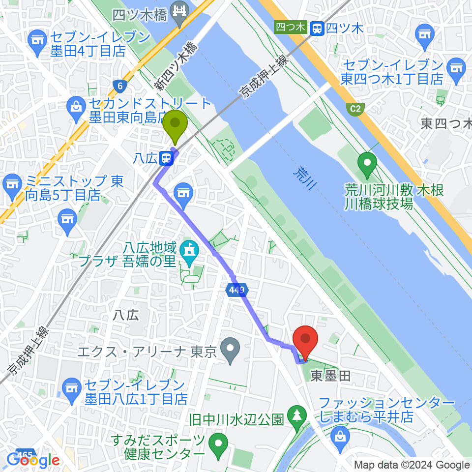 東墨田公園少年野球場の最寄駅八広駅からの徒歩ルート（約17分）地図
