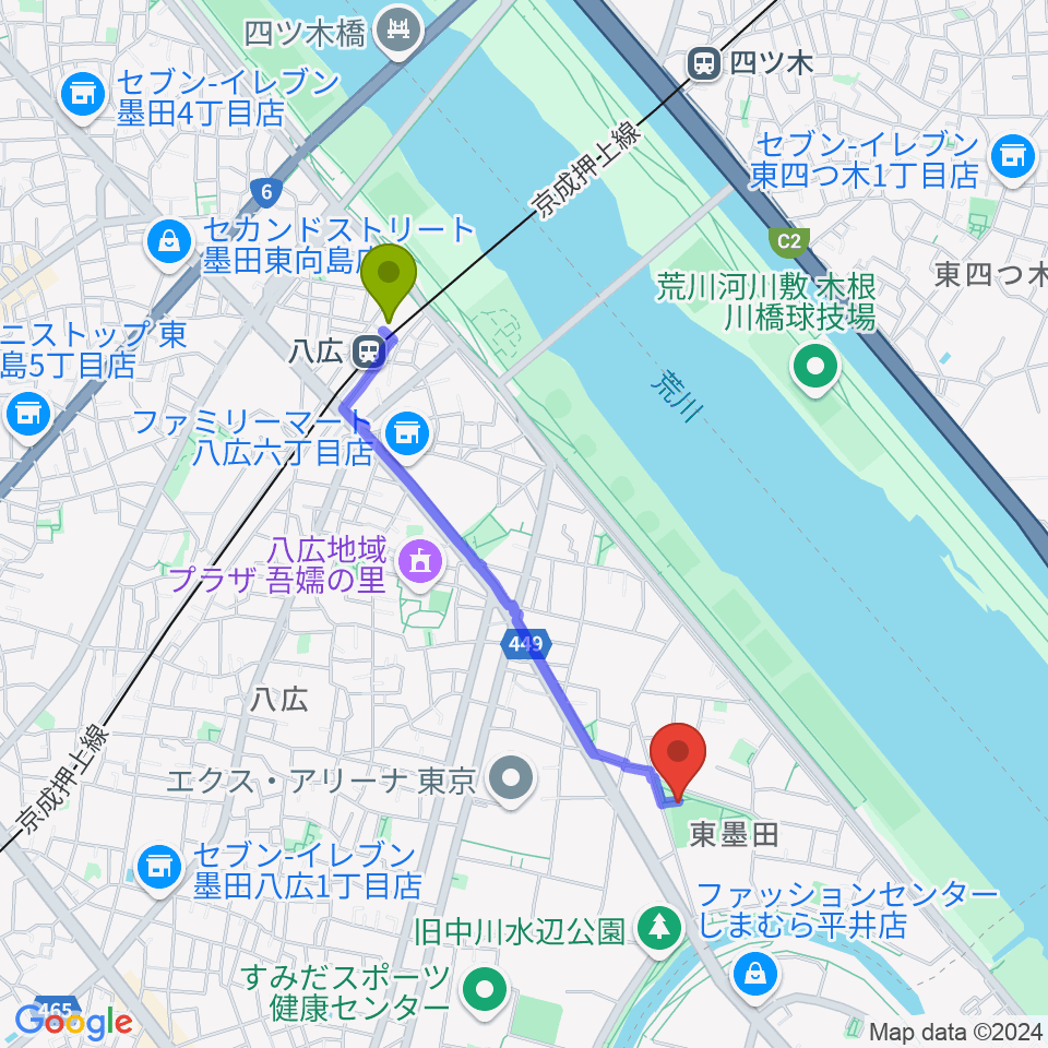 東墨田公園少年野球場の最寄駅八広駅からの徒歩ルート（約17分）地図