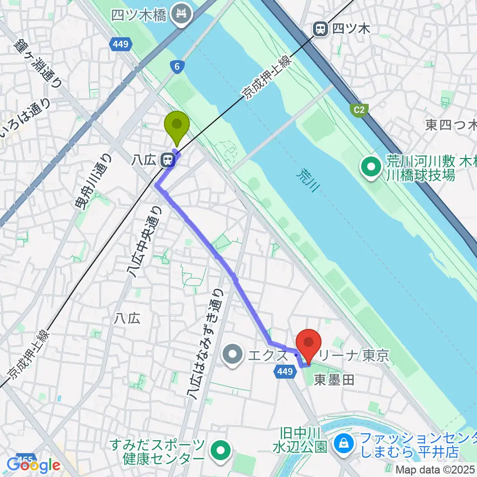 東墨田公園少年野球場の最寄駅八広駅からの徒歩ルート（約17分）地図