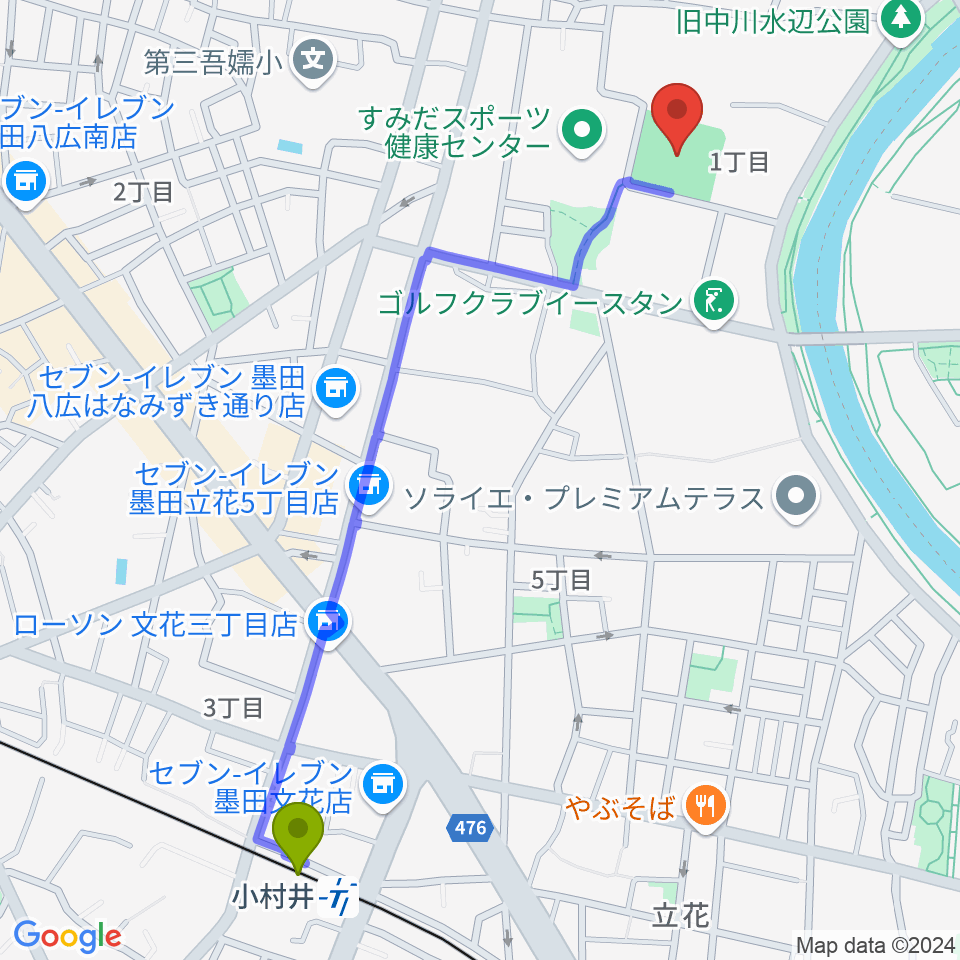 東墨田ソフトボール場の最寄駅小村井駅からの徒歩ルート（約13分）地図