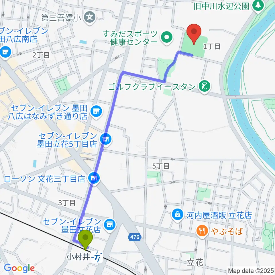 東墨田ソフトボール場の最寄駅小村井駅からの徒歩ルート（約13分）地図