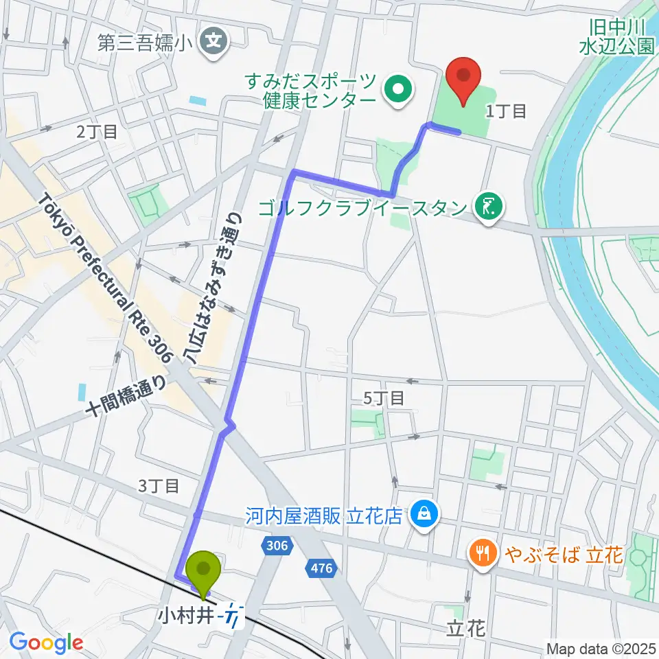 東墨田ソフトボール場の最寄駅小村井駅からの徒歩ルート（約13分）地図