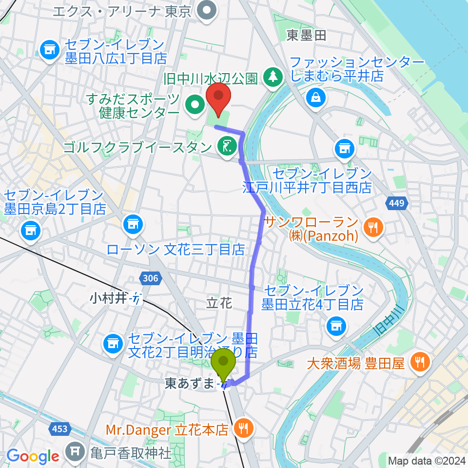 東あずま駅から東墨田ソフトボール場へのルートマップ地図