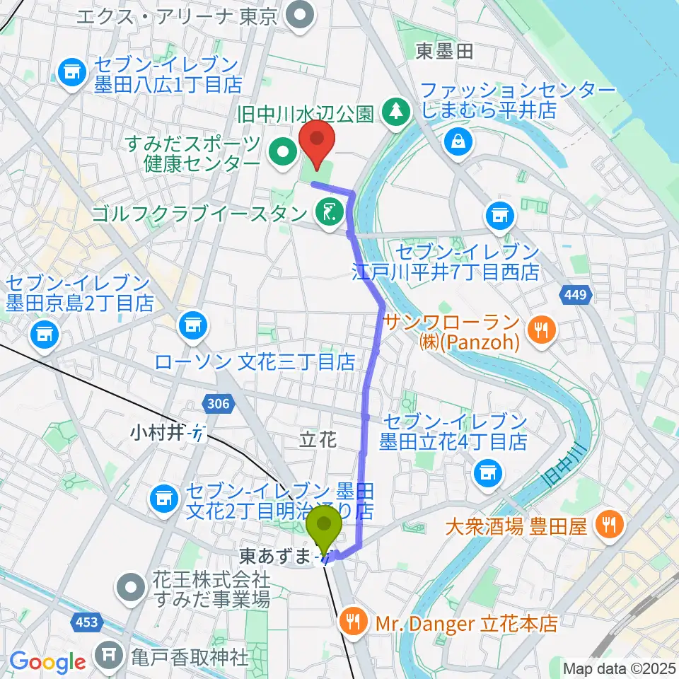 東あずま駅から東墨田ソフトボール場へのルートマップ地図