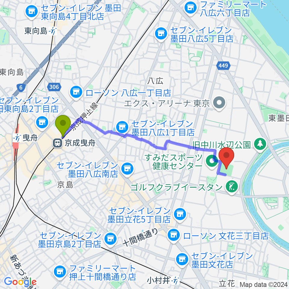 京成曳舟駅から東墨田ソフトボール場へのルートマップ地図