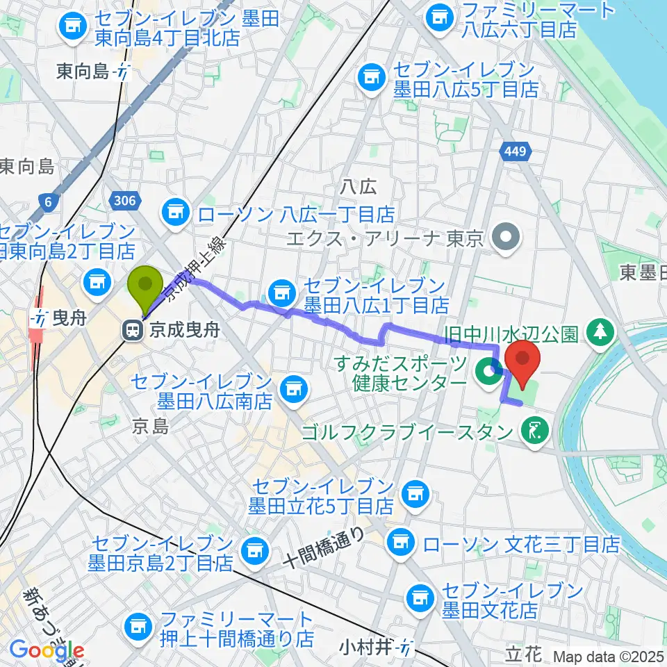 京成曳舟駅から東墨田ソフトボール場へのルートマップ地図