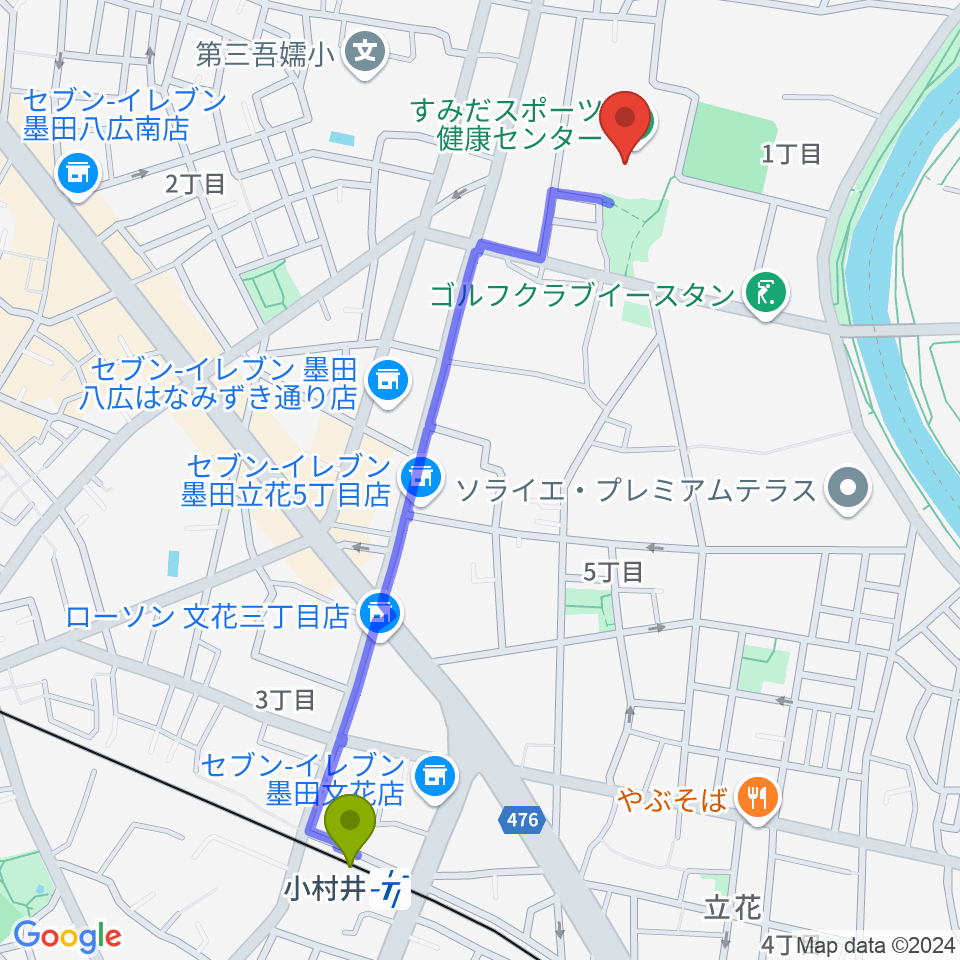 すみだスポーツ健康センターの最寄駅小村井駅からの徒歩ルート（約12分）地図