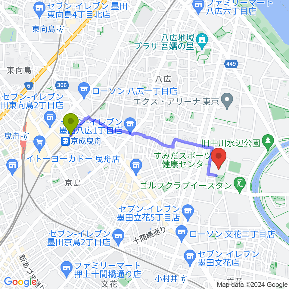 京成曳舟駅からすみだスポーツ健康センターへのルートマップ地図