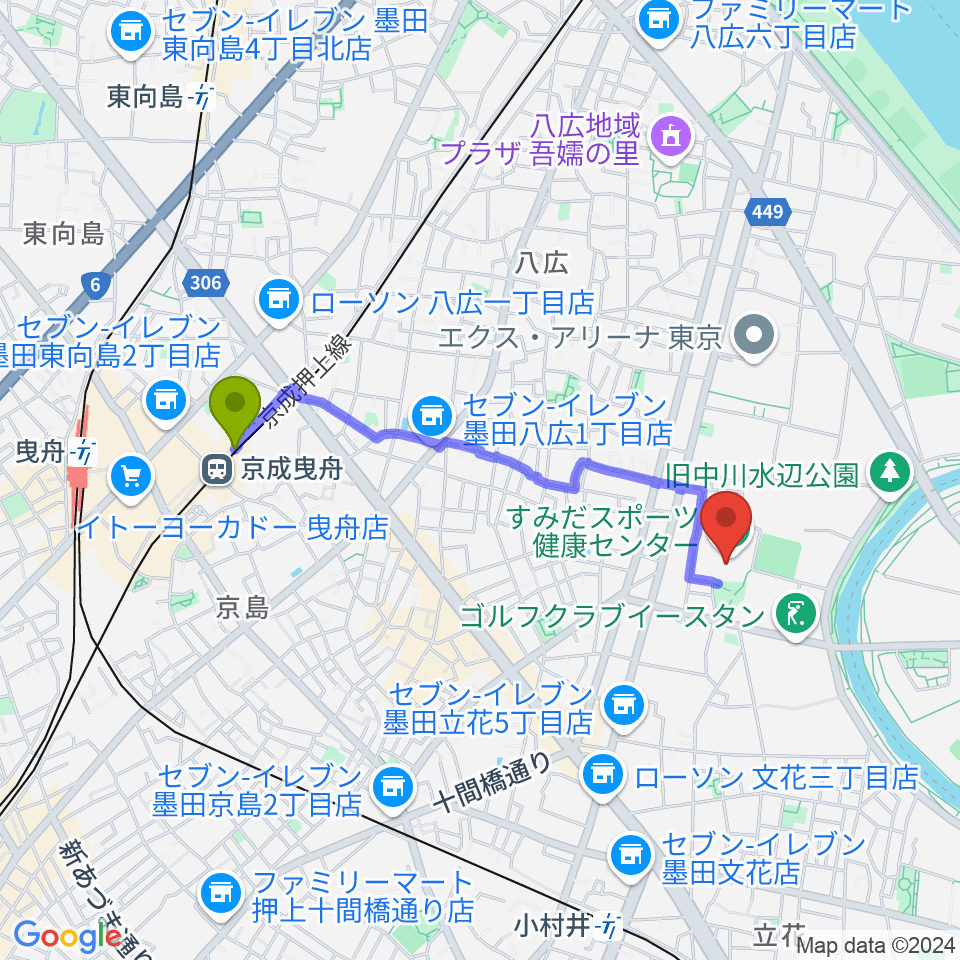 京成曳舟駅からすみだスポーツ健康センターへのルートマップ地図