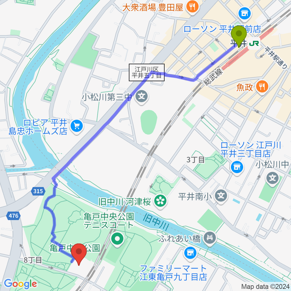 平井駅から亀戸スポーツセンターへのルートマップ地図