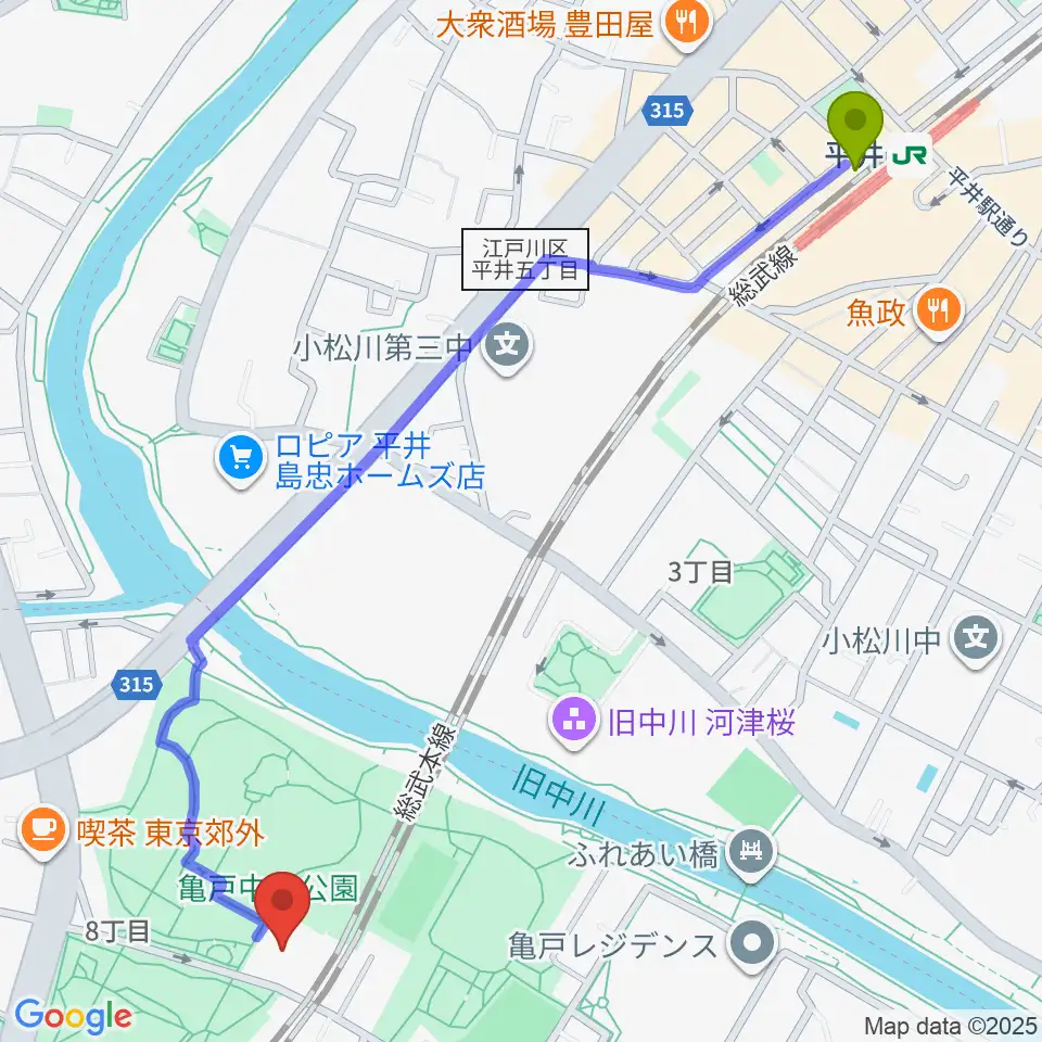 平井駅から亀戸スポーツセンターへのルートマップ地図