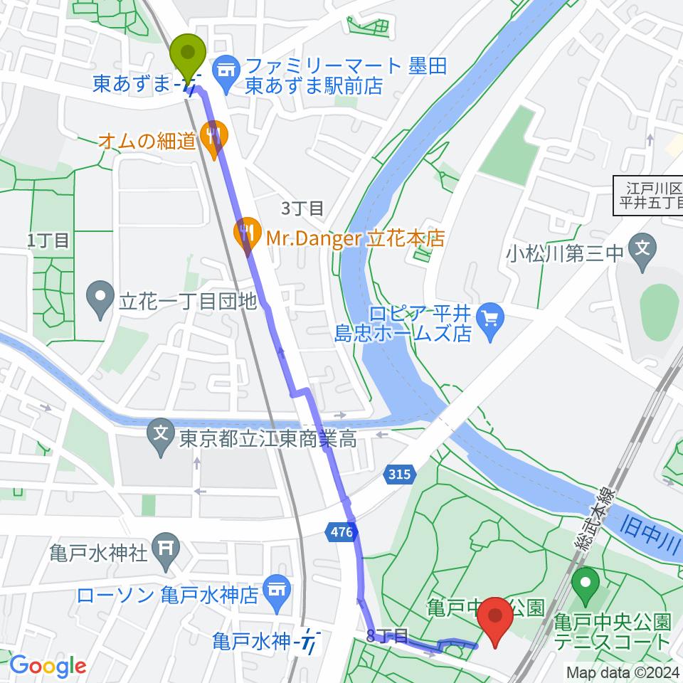 東あずま駅から亀戸スポーツセンターへのルートマップ地図