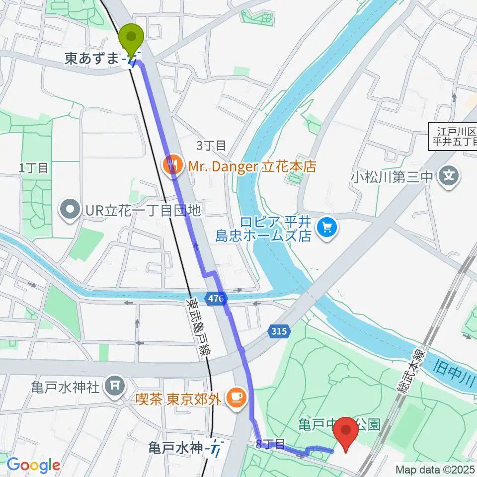 東あずま駅から亀戸スポーツセンターへのルートマップ地図