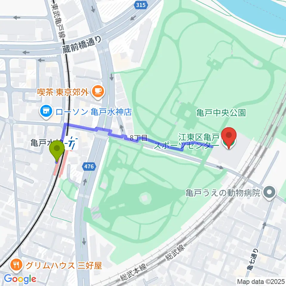 亀戸スポーツセンターの最寄駅亀戸水神駅からの徒歩ルート（約5分）地図