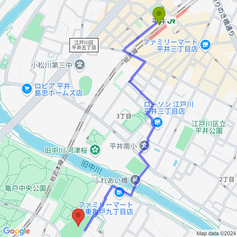 平井駅から亀戸運動公園少年野球場へのルートマップ地図