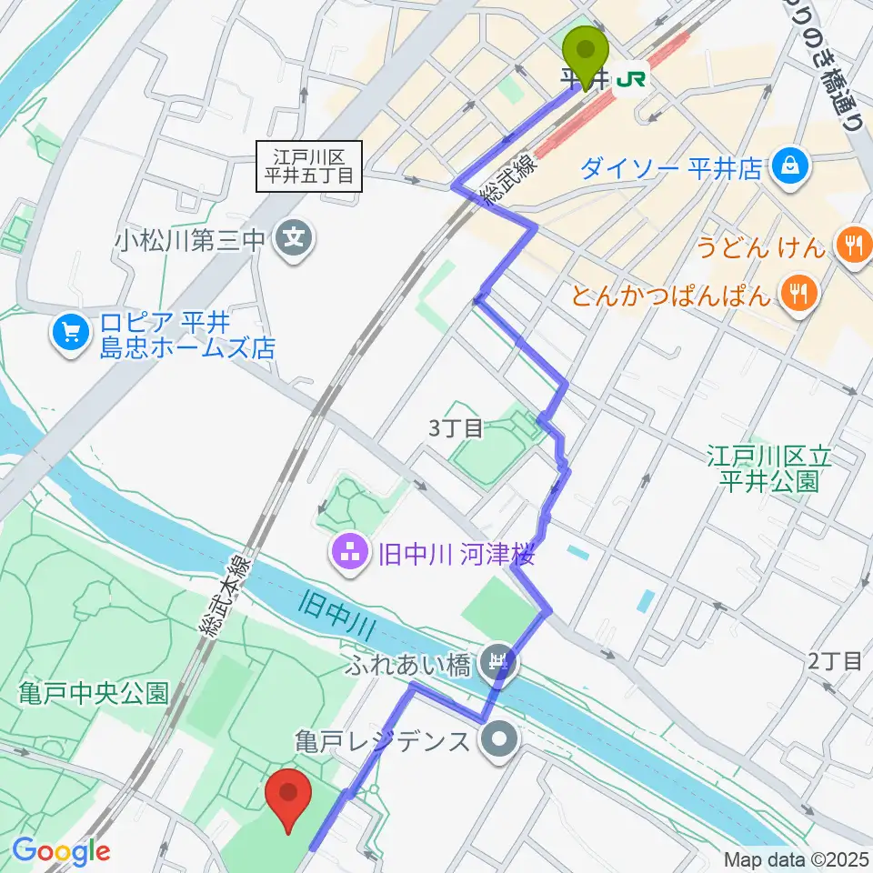 平井駅から亀戸運動公園少年野球場へのルートマップ地図