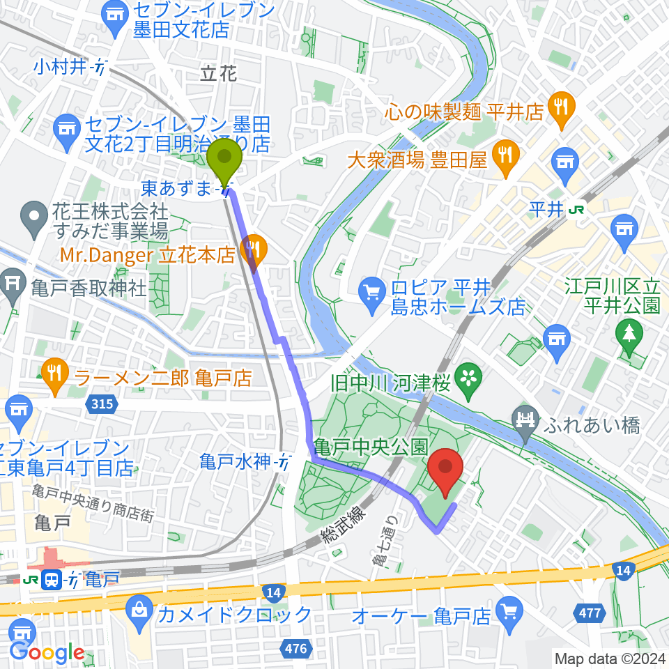 東あずま駅から亀戸運動公園少年野球場へのルートマップ地図