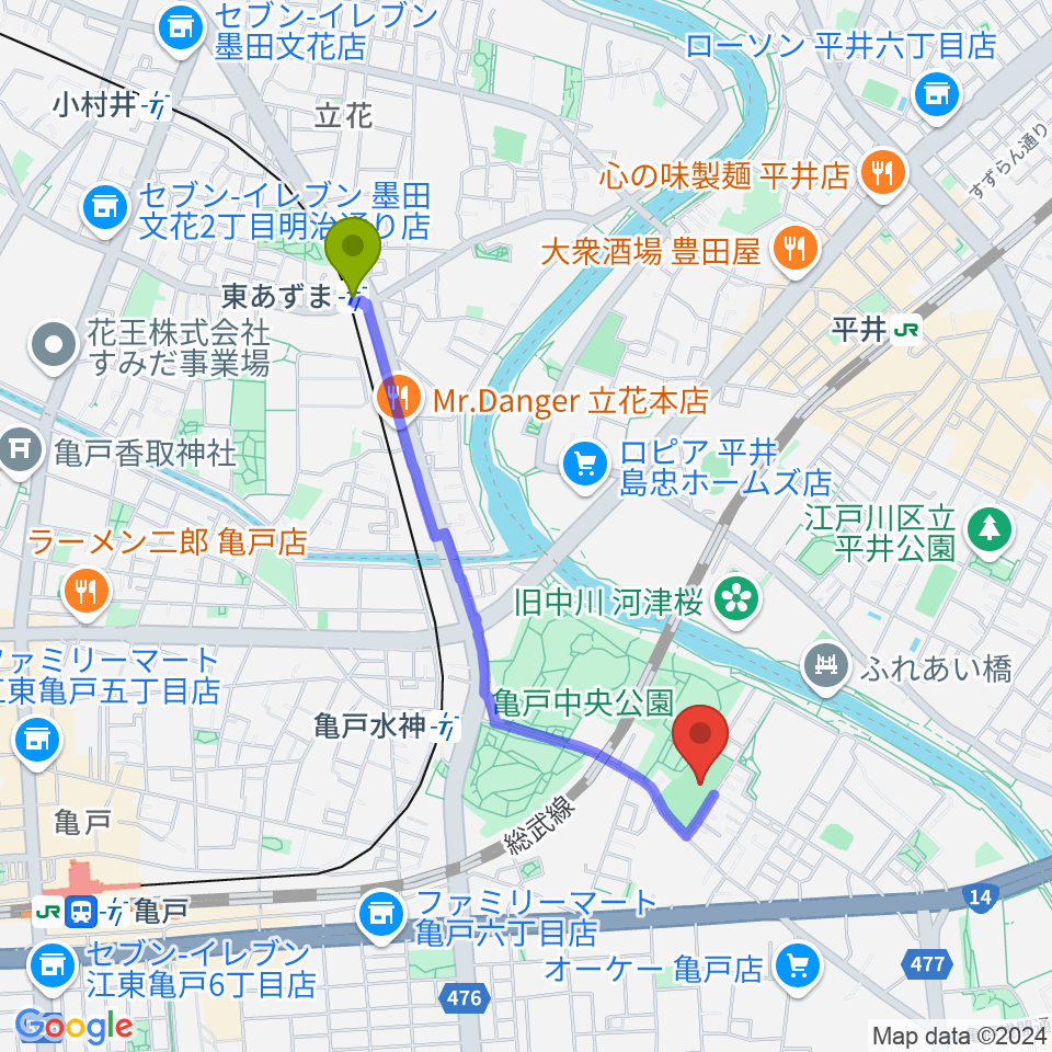 東あずま駅から亀戸運動公園少年野球場へのルートマップ地図