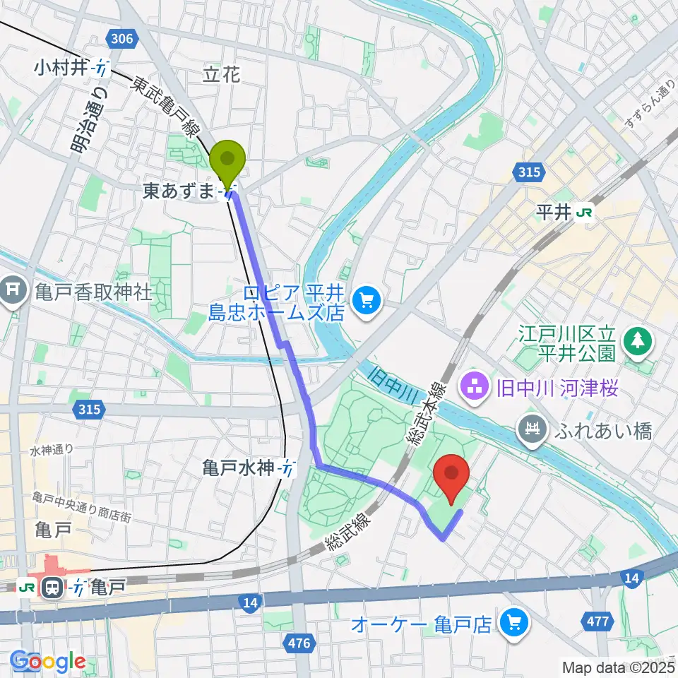 東あずま駅から亀戸運動公園少年野球場へのルートマップ地図