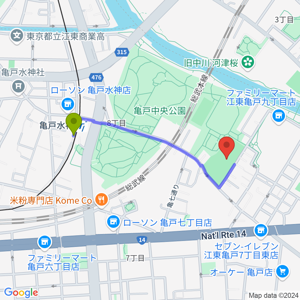 亀戸運動公園少年野球場の最寄駅亀戸水神駅からの徒歩ルート（約8分）地図