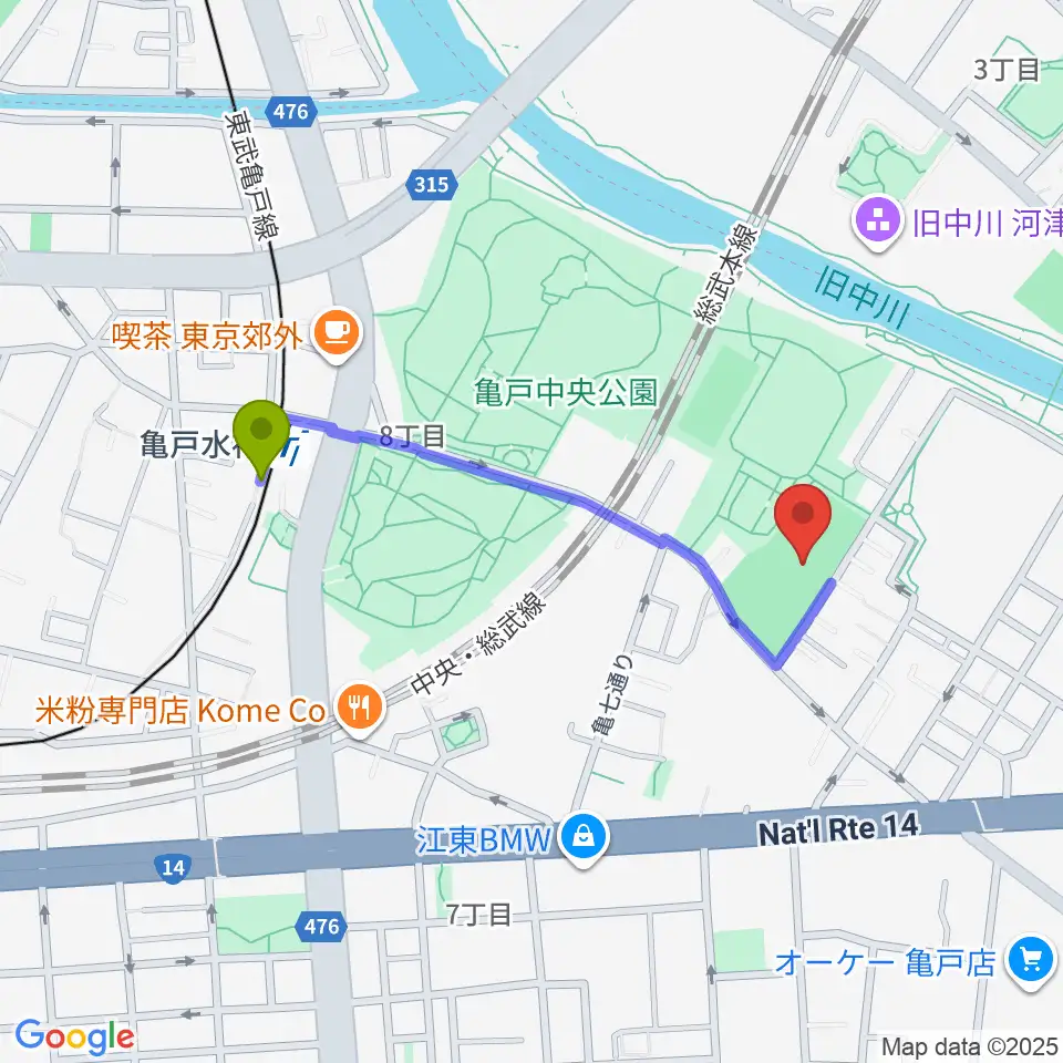 亀戸運動公園少年野球場の最寄駅亀戸水神駅からの徒歩ルート（約8分）地図